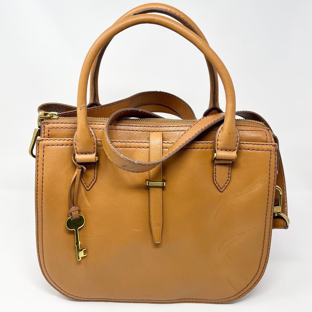 Fossil Kinley Satchel Crossbody Bag Cognac Brown Leather ZB7268 Antique Brass